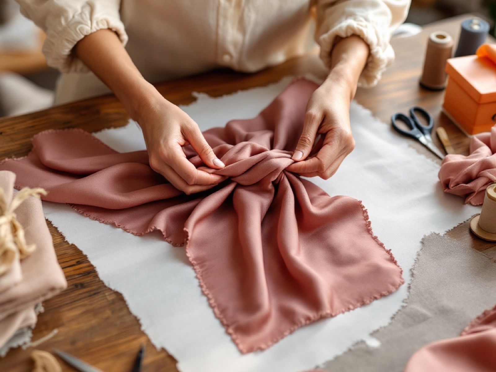Hands folding a rose satin bandana